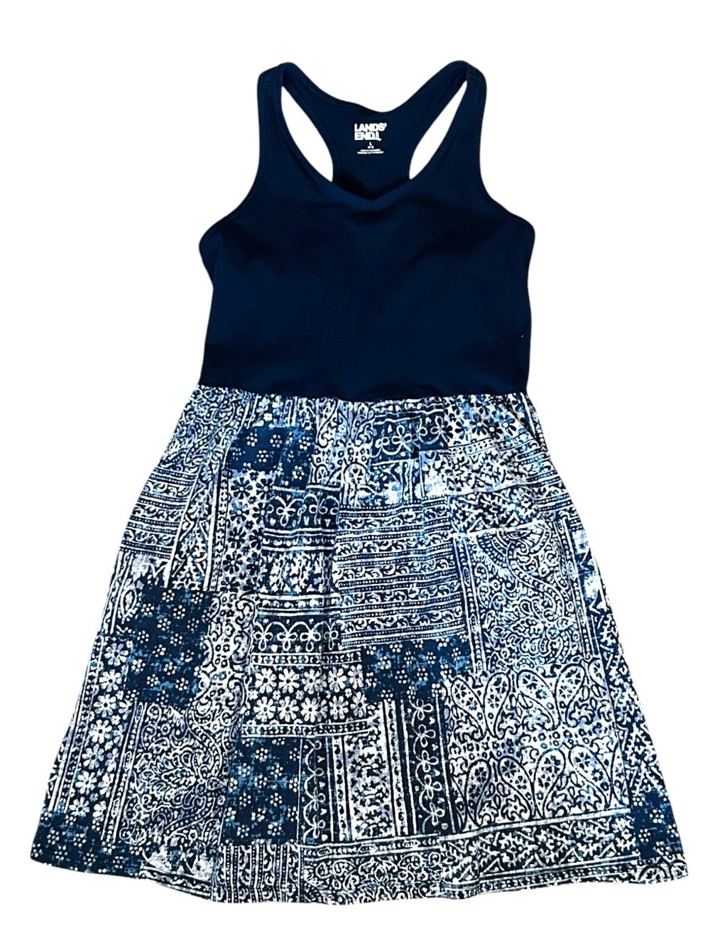 ✅ 5 for $25 - Lands' End Navy & White Patchwork Print Dress, Girls Size 10-12
